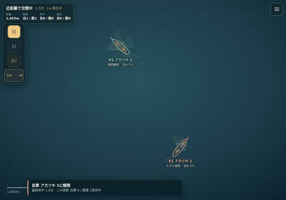 二隻の装甲艦が砲撃している海戦画面