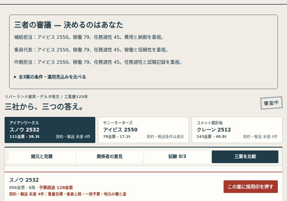 三つの戦車案の性能と条件を並べた比較画面