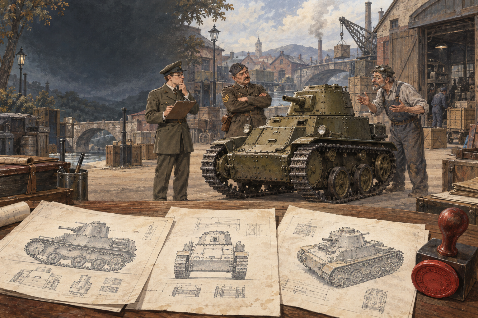 図面と採用印を前に、小型戦車を審査する書記、軍曹、設計者
